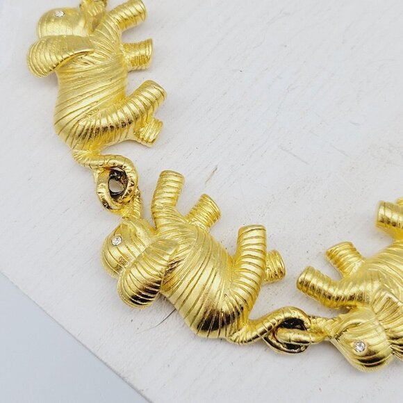 Bob Mackie Elephants On Parade Bracelet Rich Satin Gold 6.5"-8" Rhinestone Eyes - Picture 3 of 10